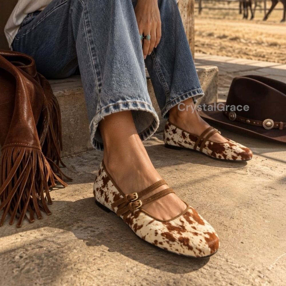 Madewell Greta Ballet Flats 6 Cow Print Calf Hair Leather Mary Jane Double Strap